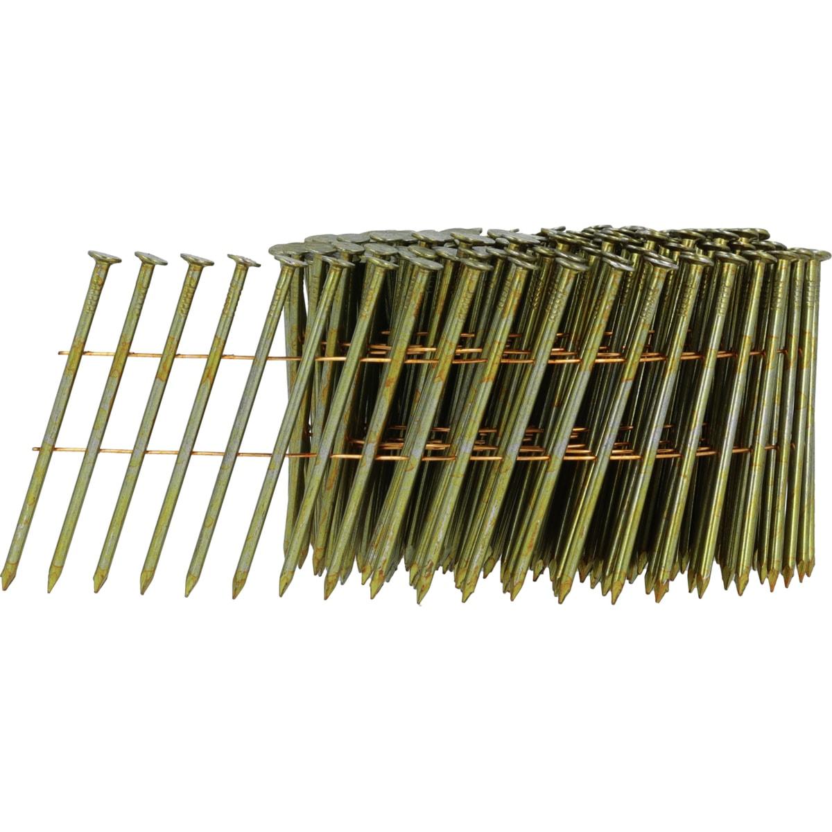 Clous SENCO 2.5 x 65 mm lisses finition claire, rouleau complet et amorce de bande dépliée sur fond blanc