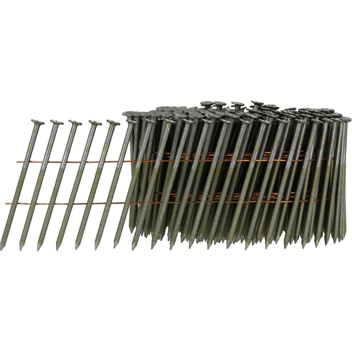 Clous SENCO 2.5 x 70 mm annelés finition claire, rouleau et fils de liaison cuivre, vu de trois quarts sur fond blanc