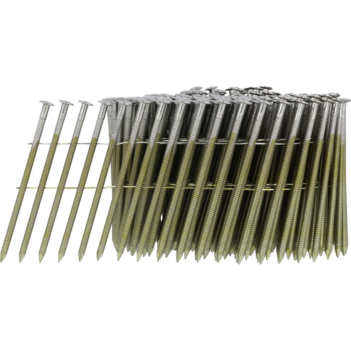 Clous SENCO 2.8 x 70 mm annelés inox 304, rouleau à têtes argentées et fils de liaison argentés sur fond blanc