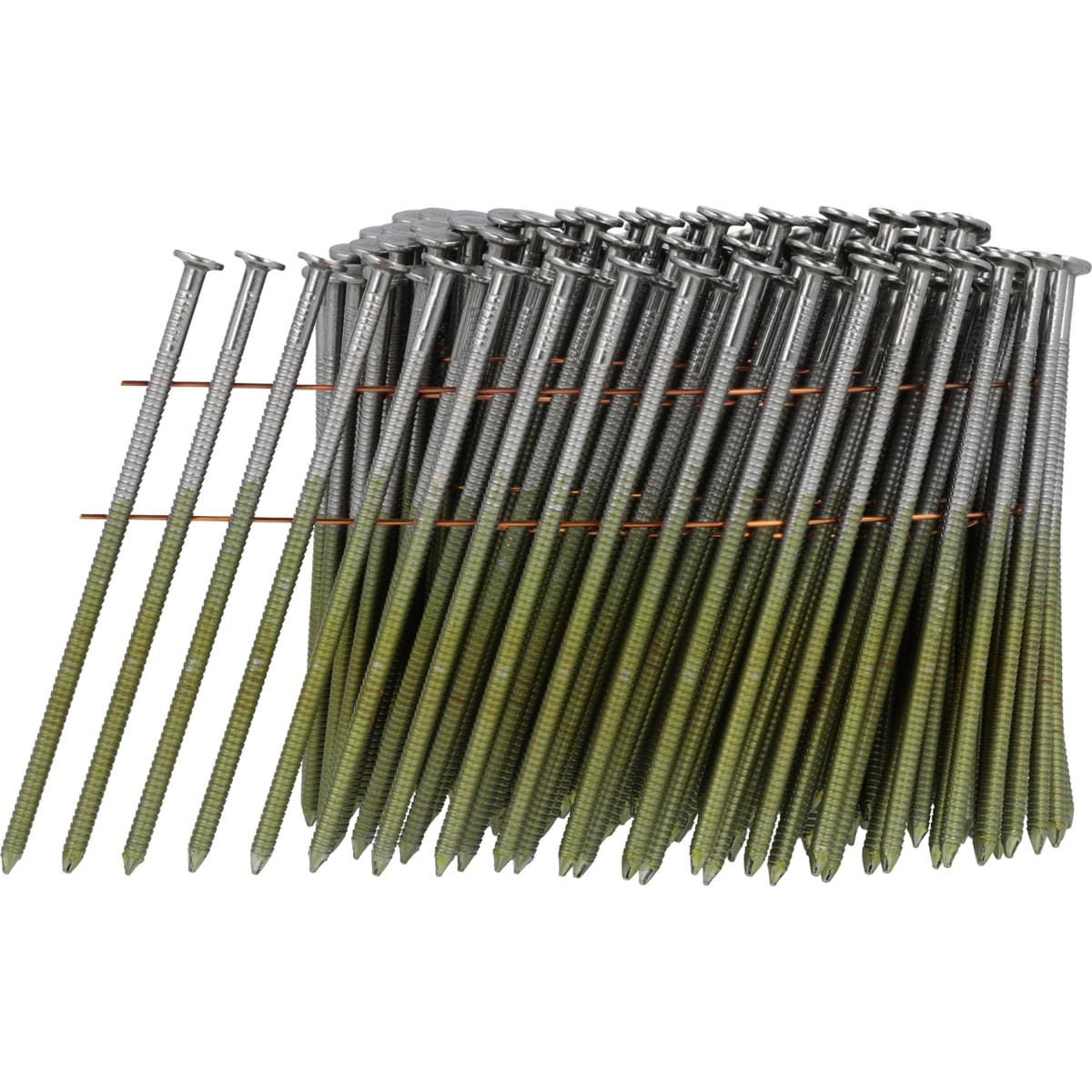 Clous SENCO 3,1 x 90 mm annelés finition claire en rouleau, de trois quarts sur fond blanc