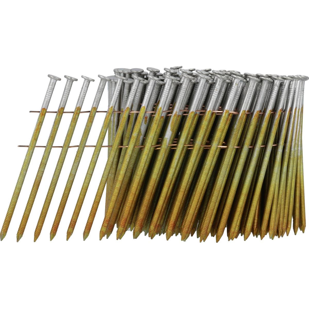 Clous SENCO 3,1 x 90 mm annelés galvanisés à chaud en rouleau, de trois quarts sur fond blanc