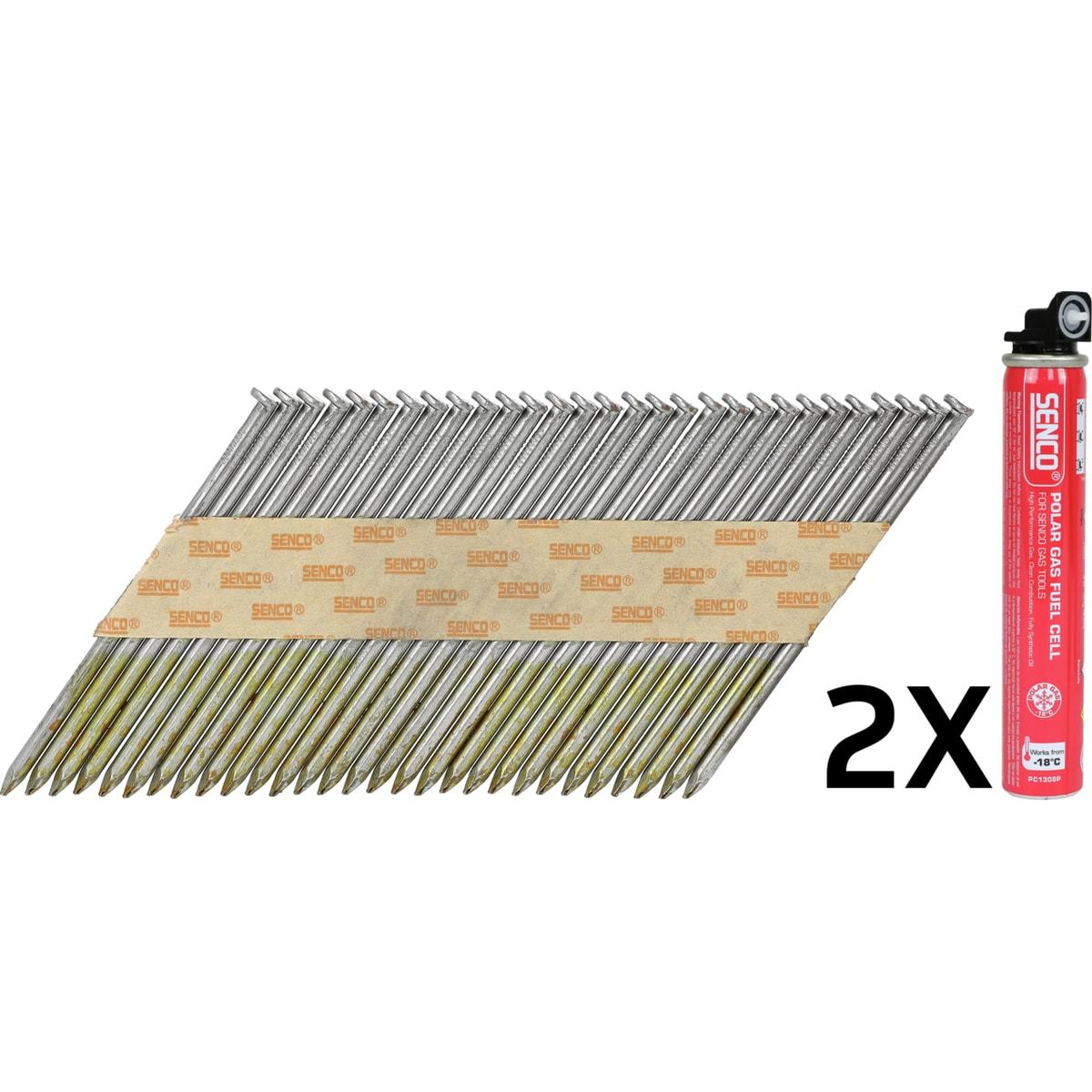 Pack SENCO D34° clous 3,1 x 70 mm lisses brillants et cartouche de gaz, de trois quarts sur fond blanc