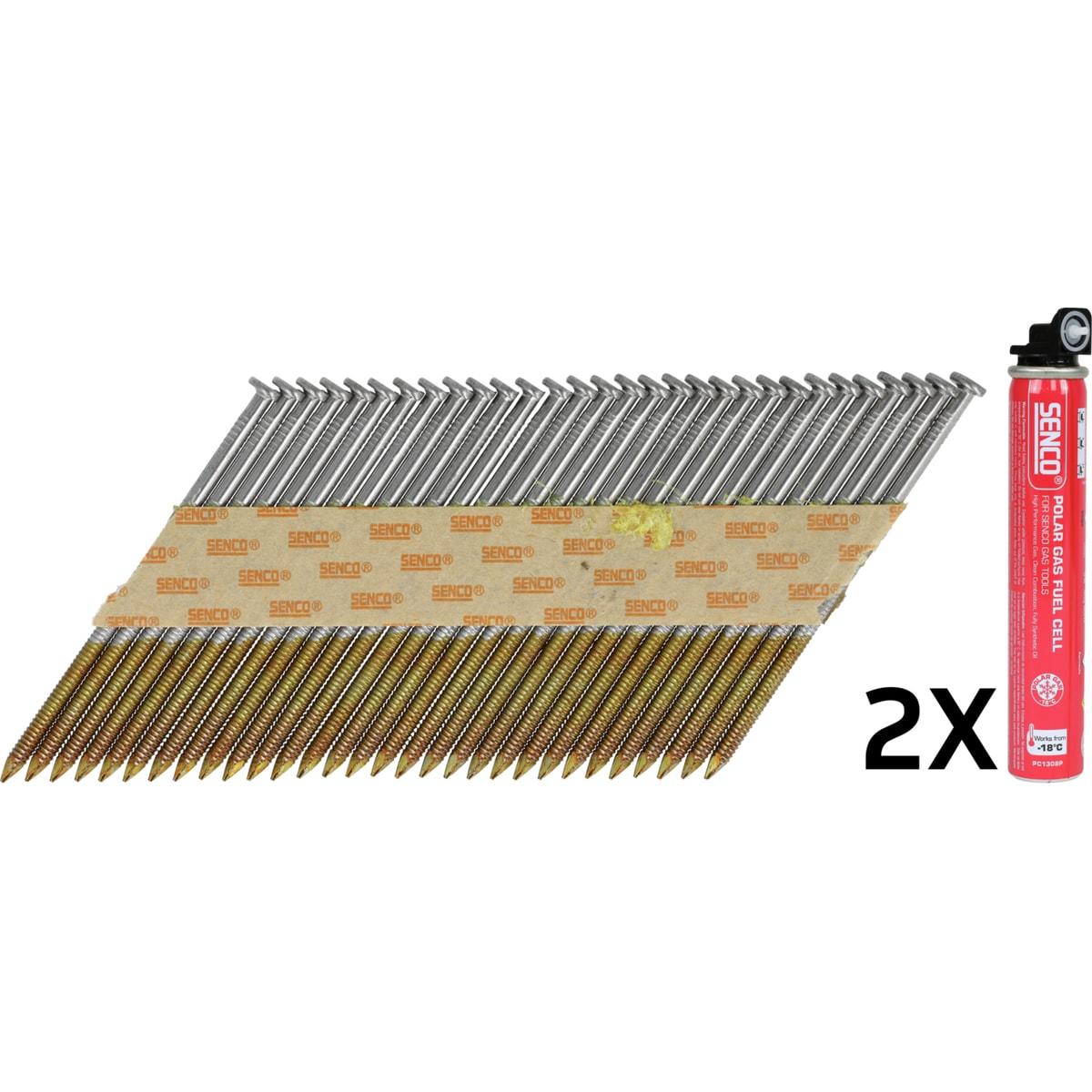 Pack SENCO D34° clous 3,1 x 70 mm annelés brillants et cartouche de gaz, de trois quarts sur fond blanc