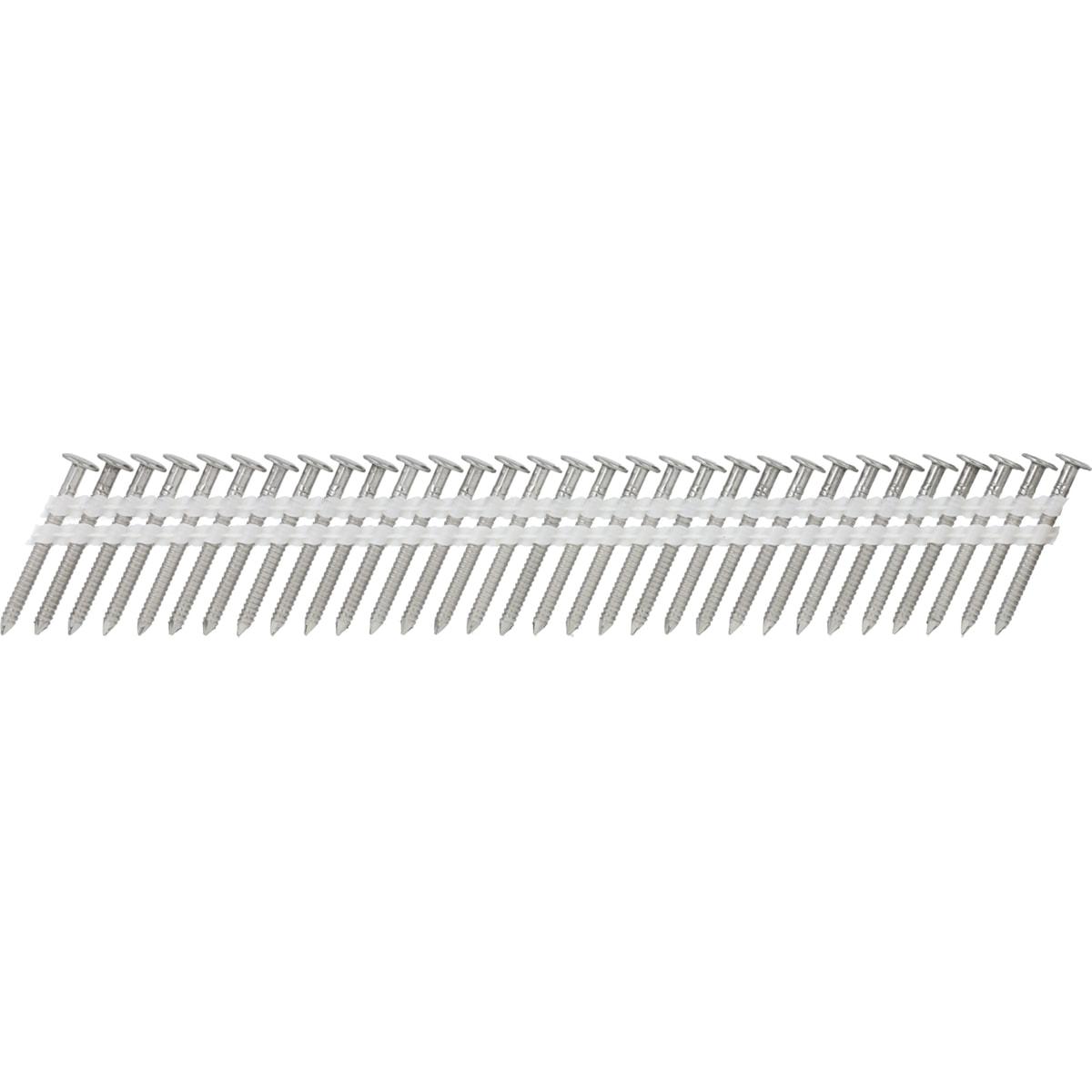 Clous SENCO 21° 2,8x35 mm annelés inox à grosses têtes plates, bande à plat sur fond blanc