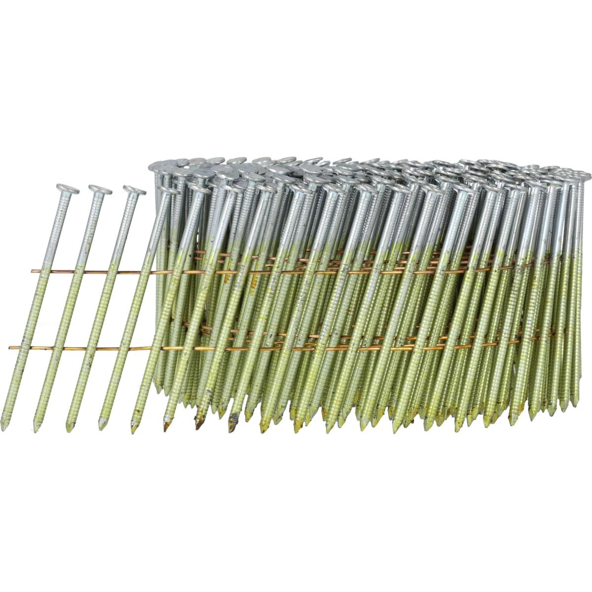Rouleau de clous SENCO 2,1 x 38 mm annelés galvanisés, fils cuivre, de trois quarts sur fond blanc