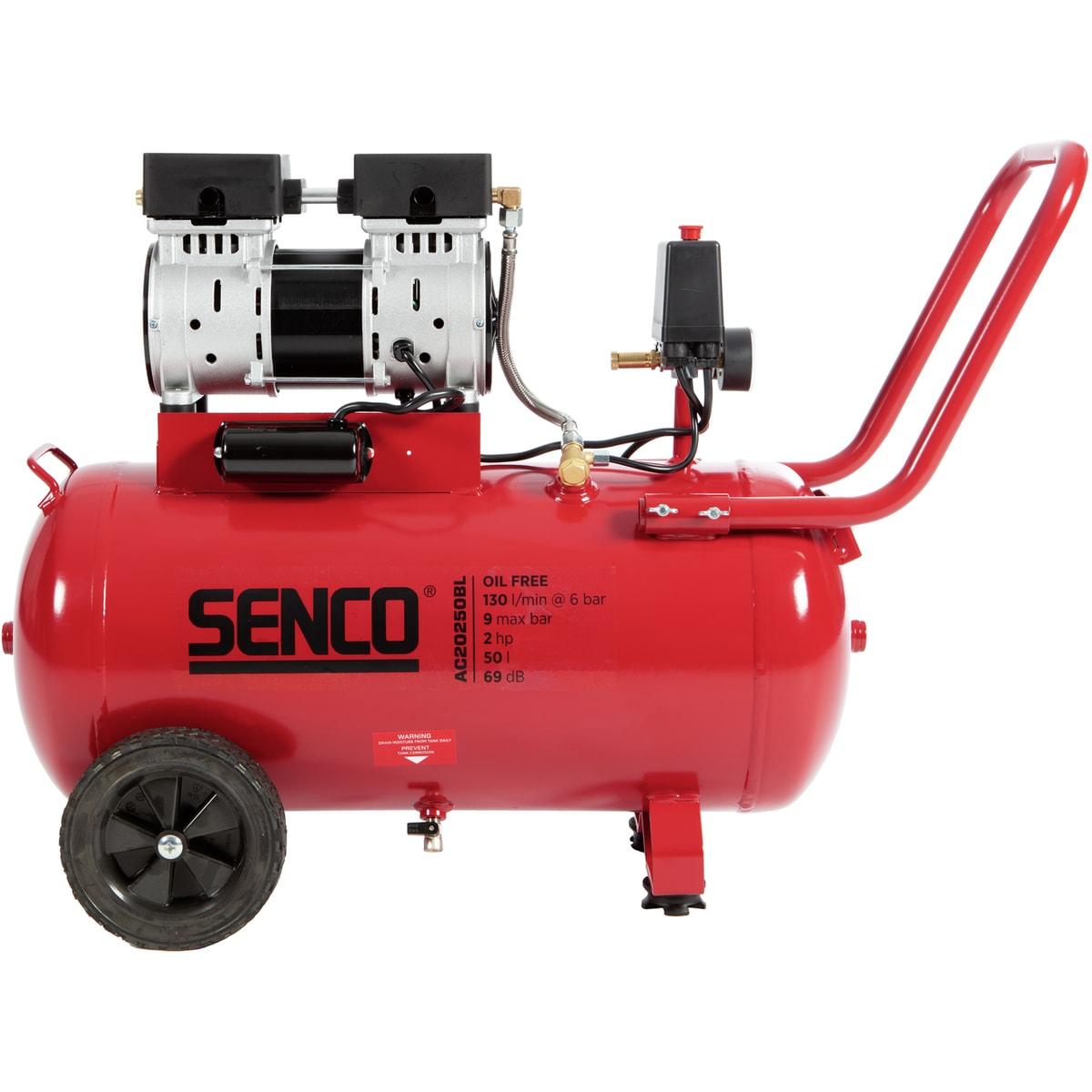 Compresseur SENCO AC20250BL sans huile de profil, grande cuve rouge sur roue et poignée arceau rouge