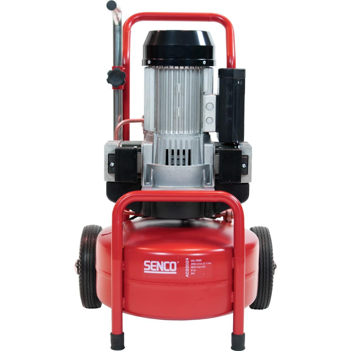 Compresseur SENCO AC33024 sans huile rouge, cuve verticale, arceau tubulaire et deux roues noires