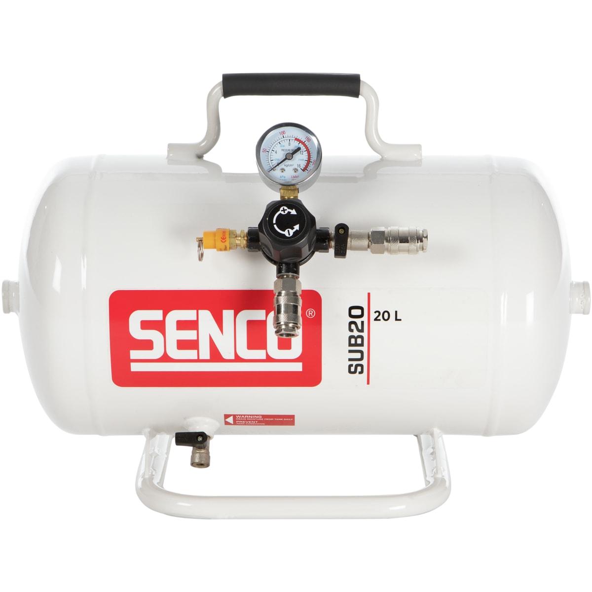 Cuve additionnelle SENCO SUB20 20 l de face, manomètre, régulateur noir et deux raccords rapides