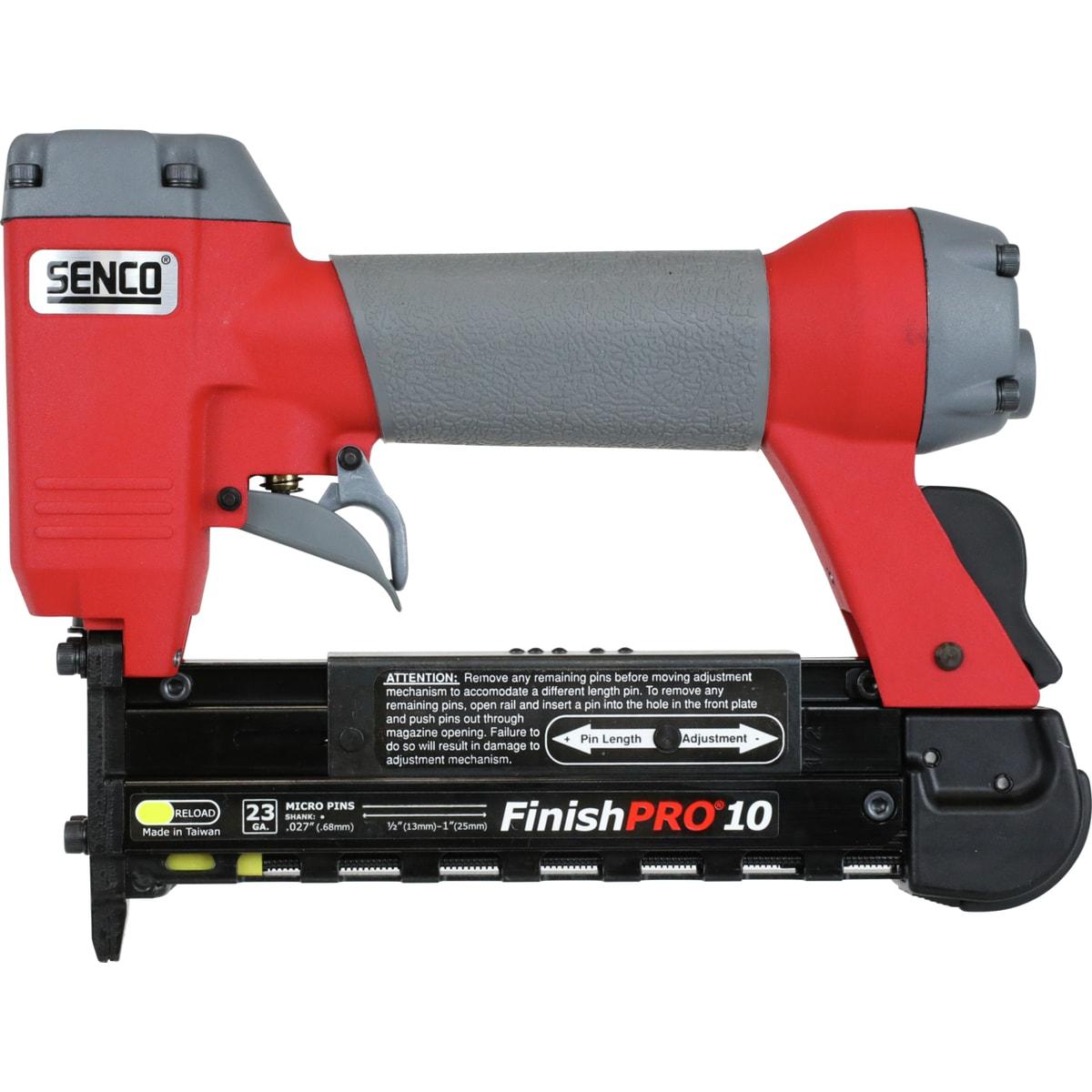 Cloueur SENCO FinishPro 10 12-25 mm de profil, corps rouge et gris et magasin noir horizontal