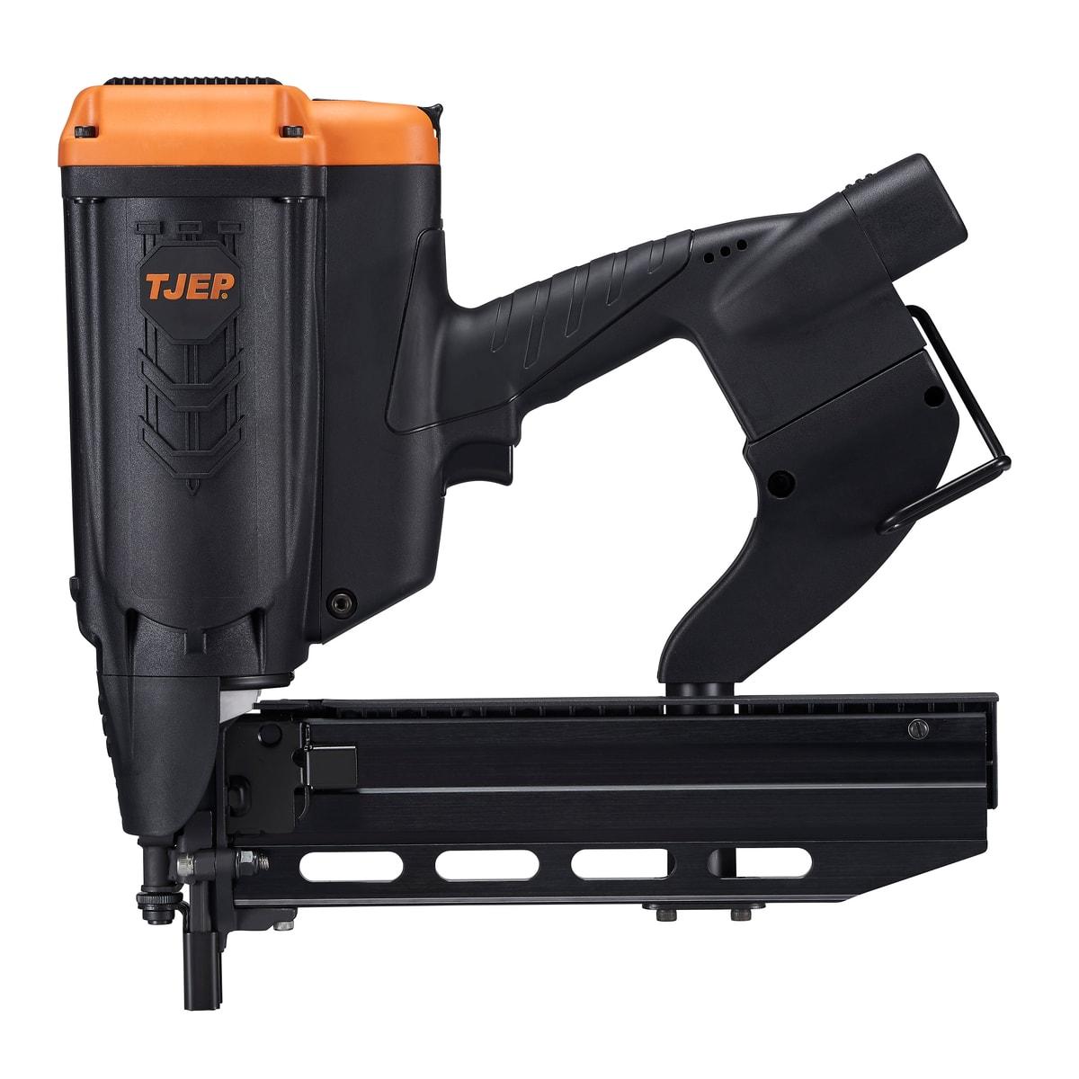 Cloueur à gaz TJEP FS 40 3G pour clôture de profil, capot orange en tête, bloc batterie et crochet de ceinture en fil d'acier à l'arrière