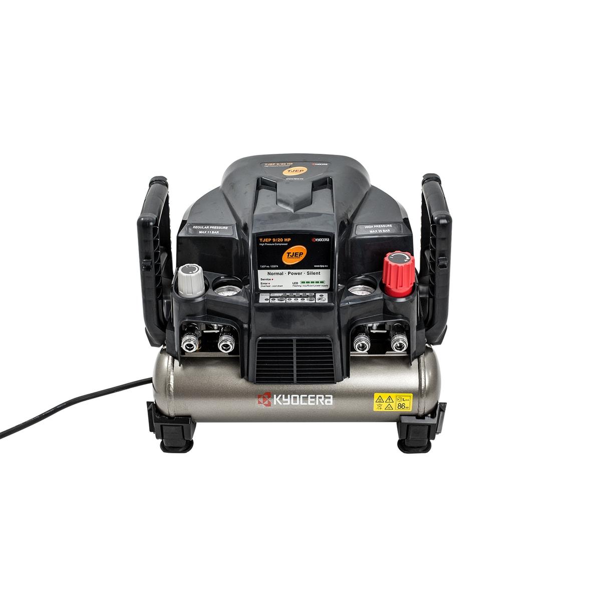 Compresseur haute pression TJEP 9/20 HP de face, panneau Normal-Power-Silent encadré par les deux blocs de raccords rapides marqués 11 bar et 25 bar