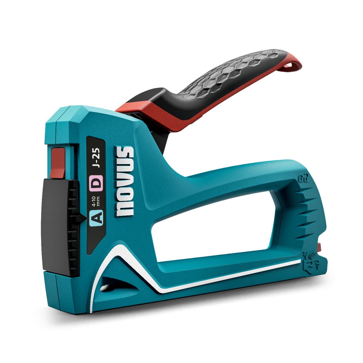 NOVUS agrafeuse manuelle J-25 — corps turquoise, agrafes A et D de 4 à 10 mm, poignée noire