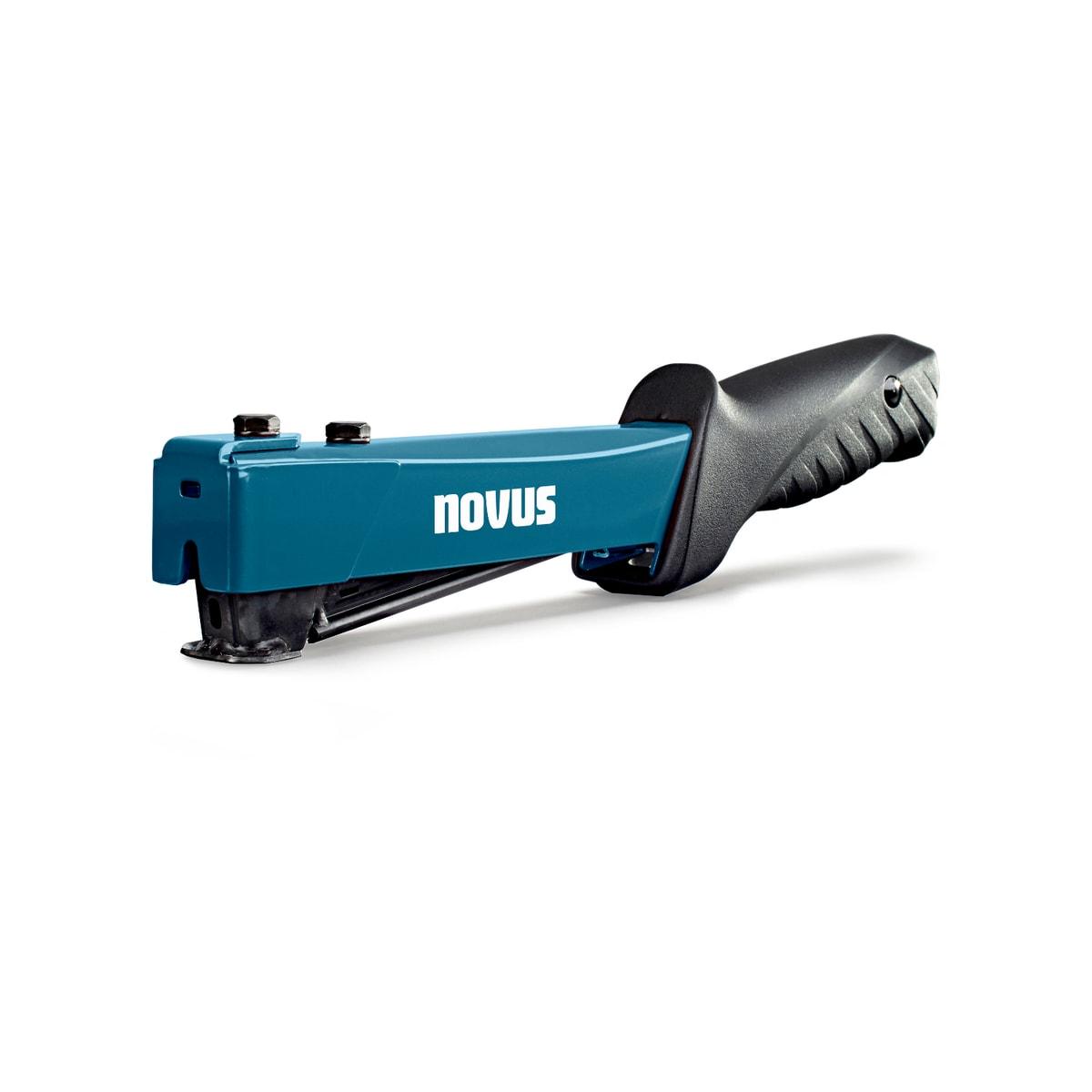 NOVUS marteau agrafeur J-044 — corps turquoise, manche noir nervuré, semelle métallique