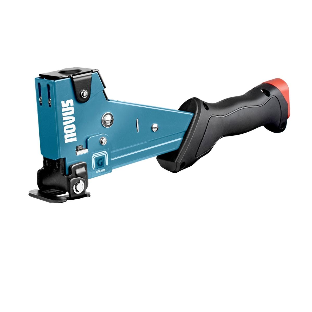 NOVUS marteau agrafeur J-055 — corps turquoise, manche noir, agrafes G de 6 à 14 mm