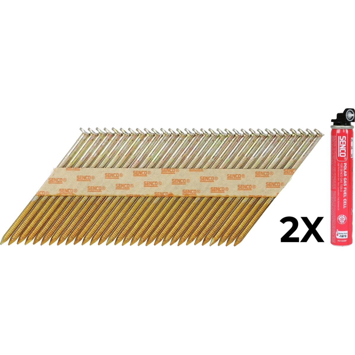 Pack SENCO D34° clous 2,8 x 60 mm annelés zingués et cartouche de gaz, de trois quarts sur fond blanc